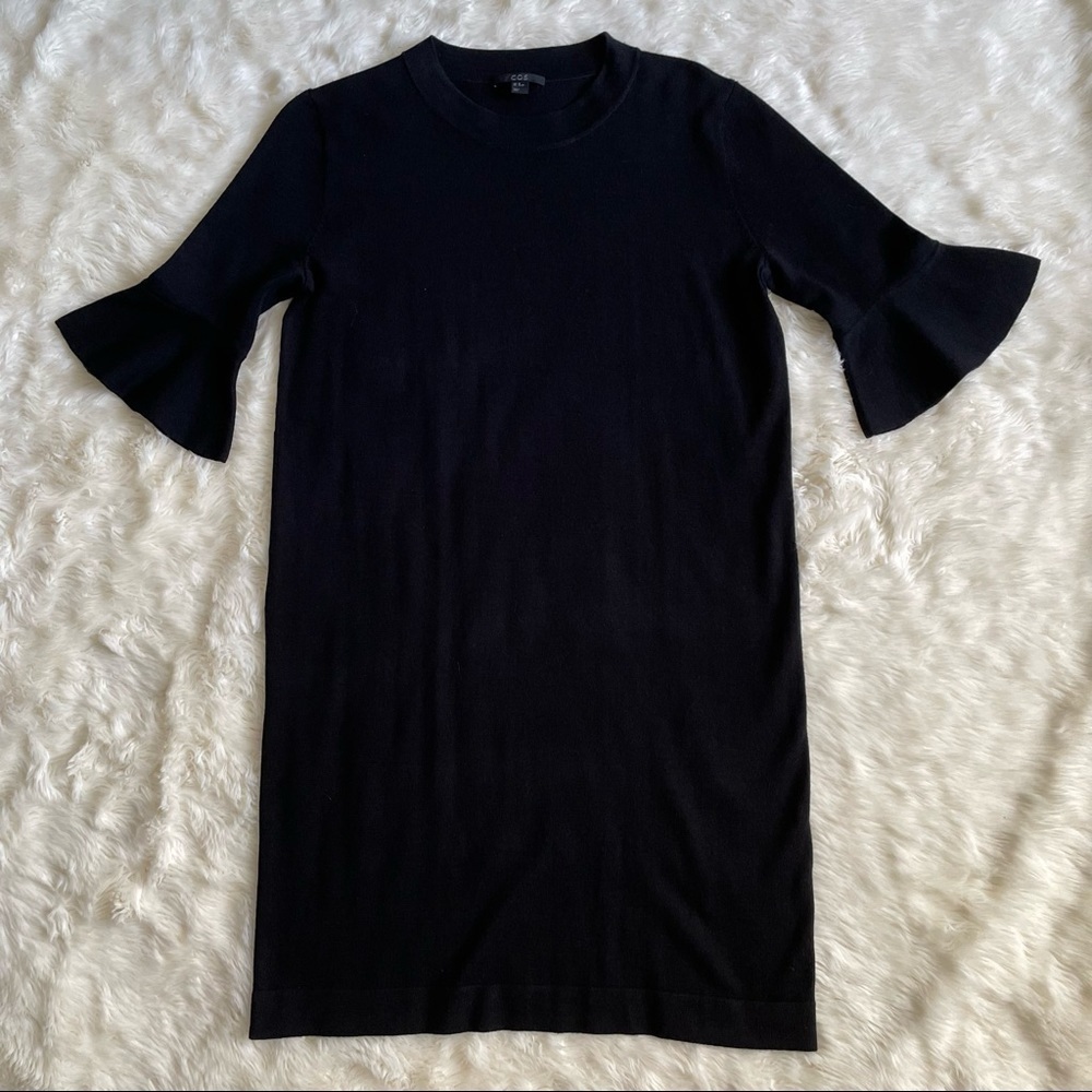 COS Sweater Dress 100% Wool 3/4 Bell Ruffle Sleeve Knee Length Black XS
